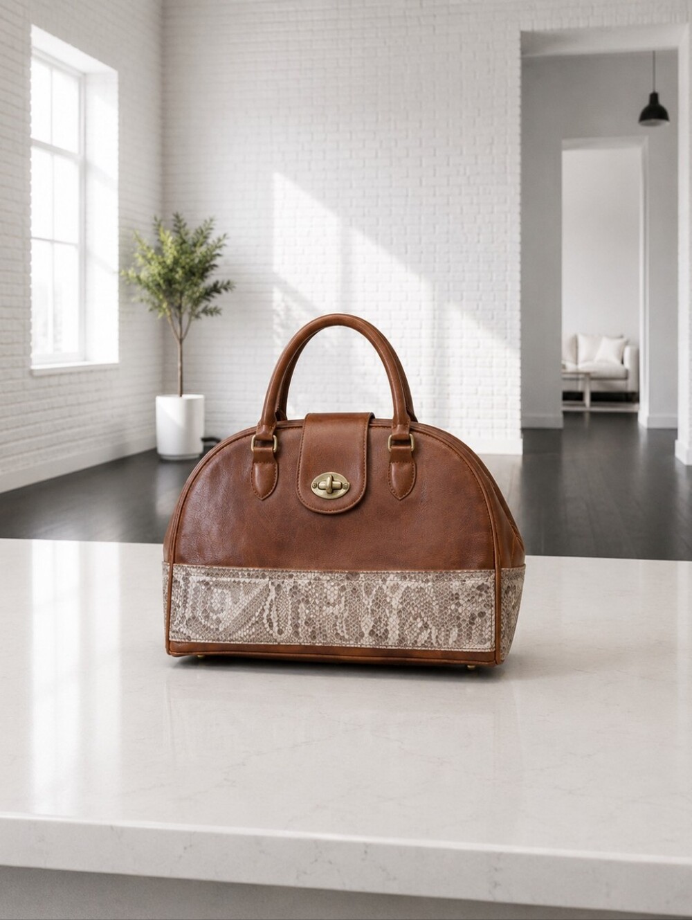 Brown Dome Satchel Handbag with Turn-Lock Accent